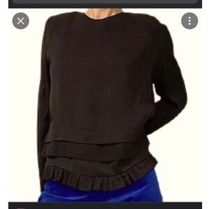 Kate Spade Blouse Long Sleeve Crepe Fabric Top Ruffle Hem Zip Back Black Sz XXS